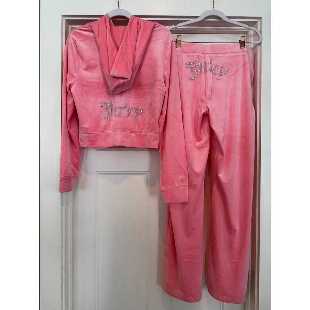JUICY COUTURE Velour OG Bling Tracksuit Hoodie Pant Set Flamingo (Pink) Large  L